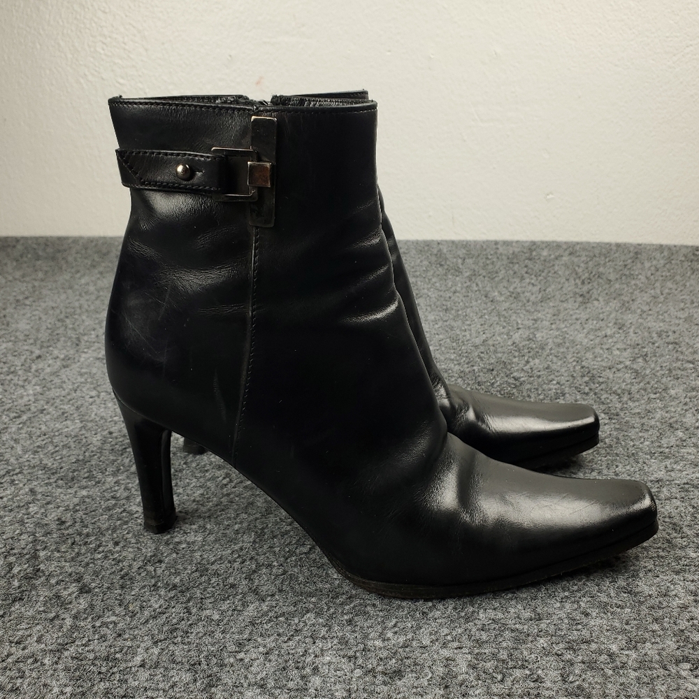 Via Spiga Ankle Boots Womens 5.5 Black Leather Booties Pointed Toe Stiletto Heel